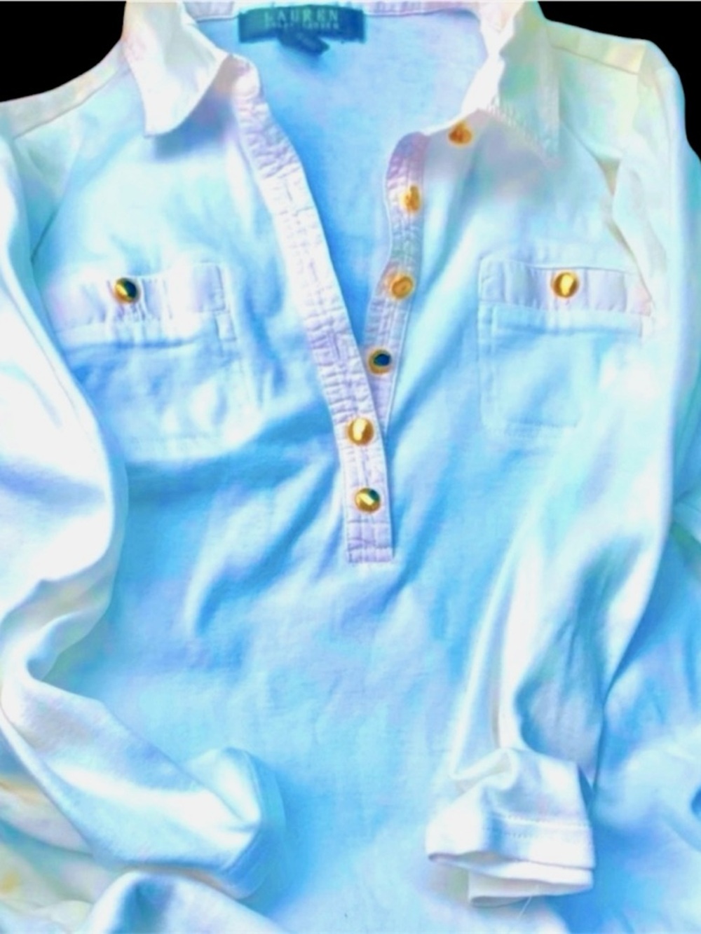 Ralph Lauren 100% Cotton Shirt Gold Buttons 3/4 Sleeve Medium Like New